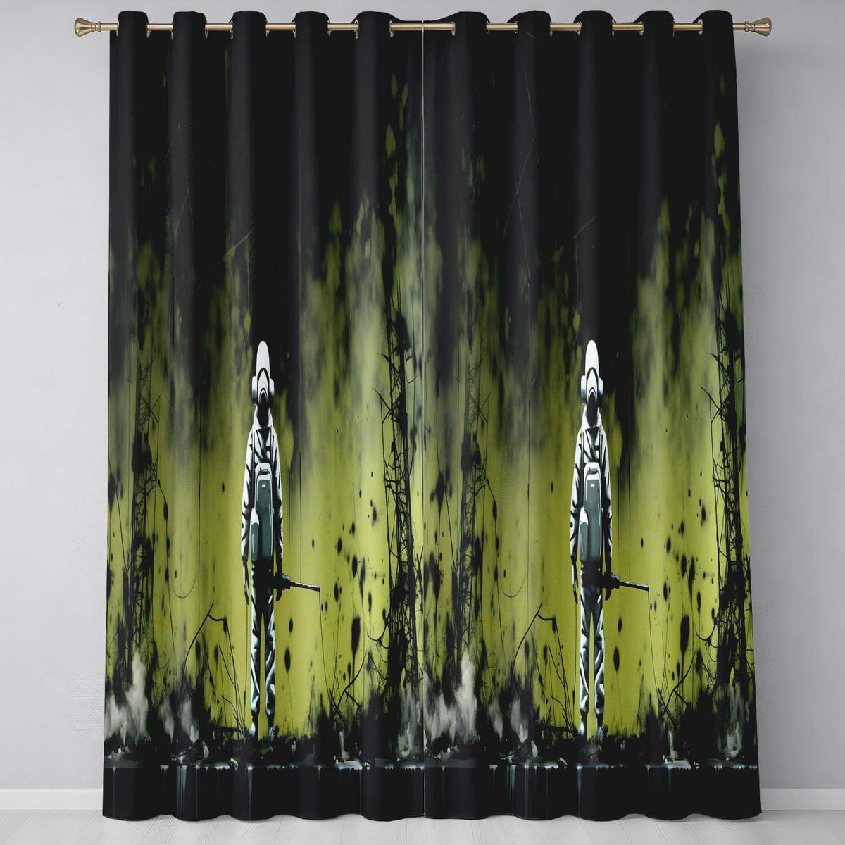 Lone Figure in Green Toxic Landscape Street Art Vibrant Artwork for Bedroom Decor Readymade Eyelet Ring Top Thermal 100% Blackout Curtains
