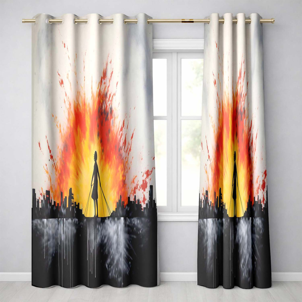 Girl Walking Dogs at Sunset Silhouette Modern Contemporary Artwork for Home Decor Readymade Eyelet Ring Top Thermal 100% Blackout Curtains