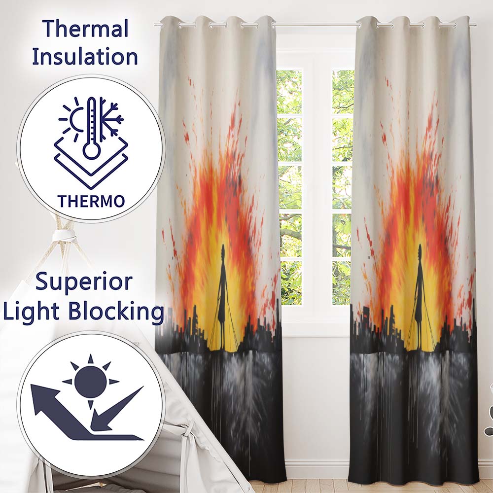 Girl Walking Dogs at Sunset Silhouette Modern Contemporary Artwork for Home Decor Readymade Eyelet Ring Top Thermal 100% Blackout Curtains