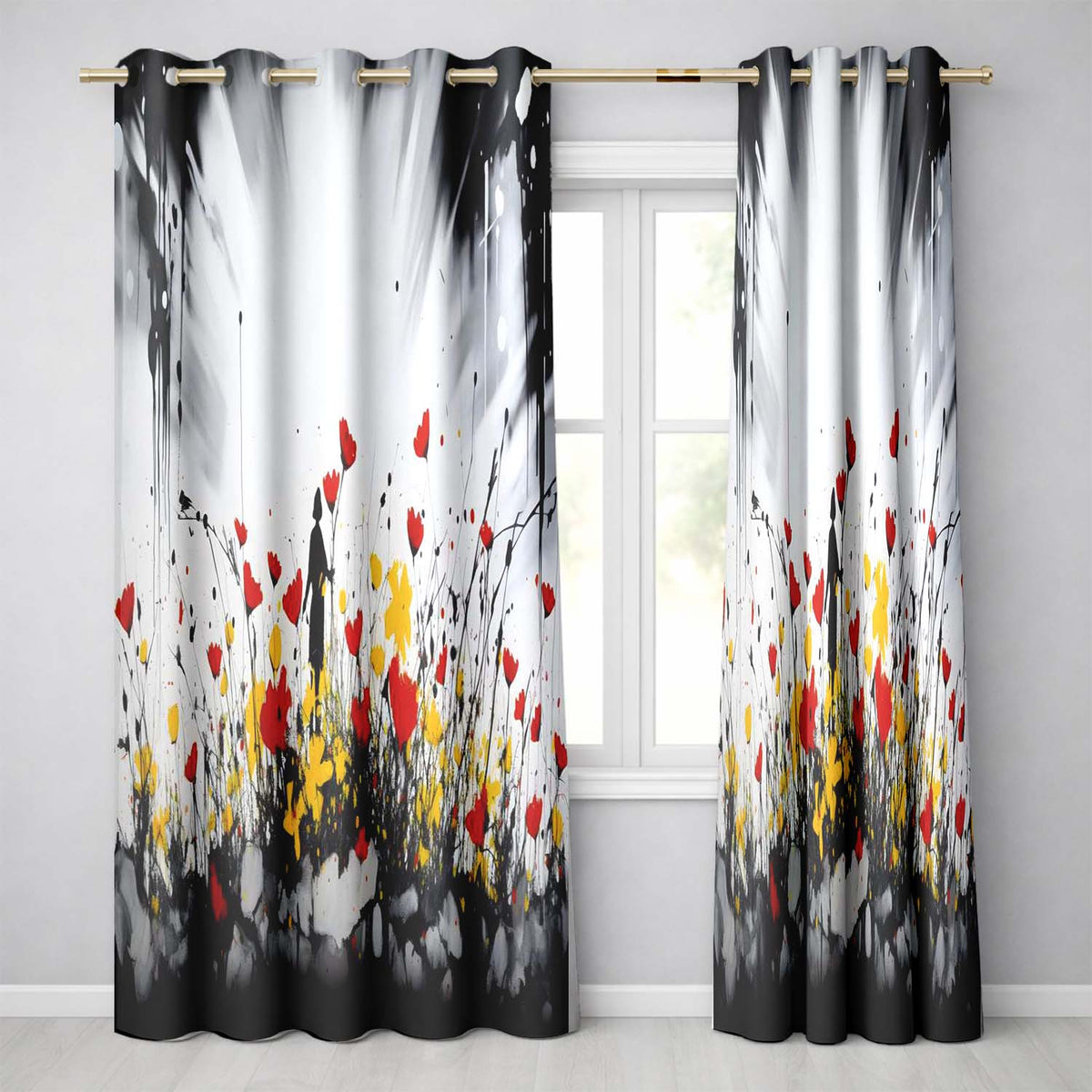 Solitary Figure in Red and Yellow Wildflower Field Decorative Artistic Home Decor Readymade Eyelet Ring Top Thermal 100% Blackout Curtains