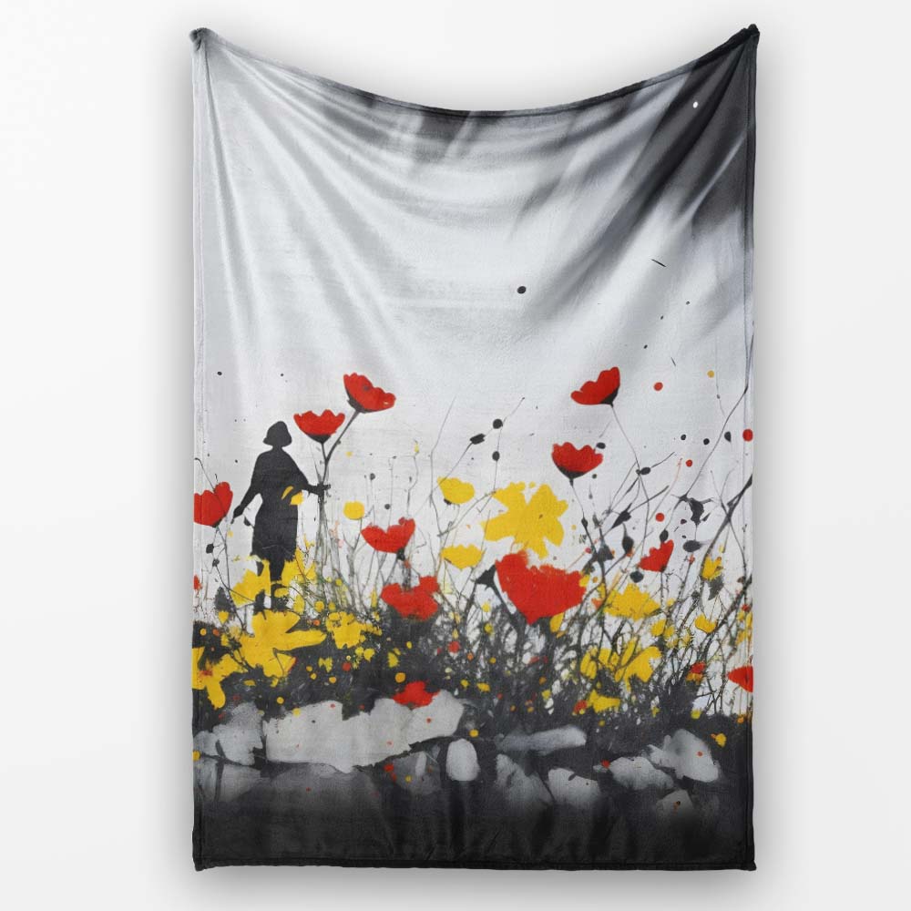 Solitary Figure in Red and Yellow Wildflower Field, All Season Comfort, Stylish Room Decoration - Super Soft Fleece Blanket Bed Sofa Throw