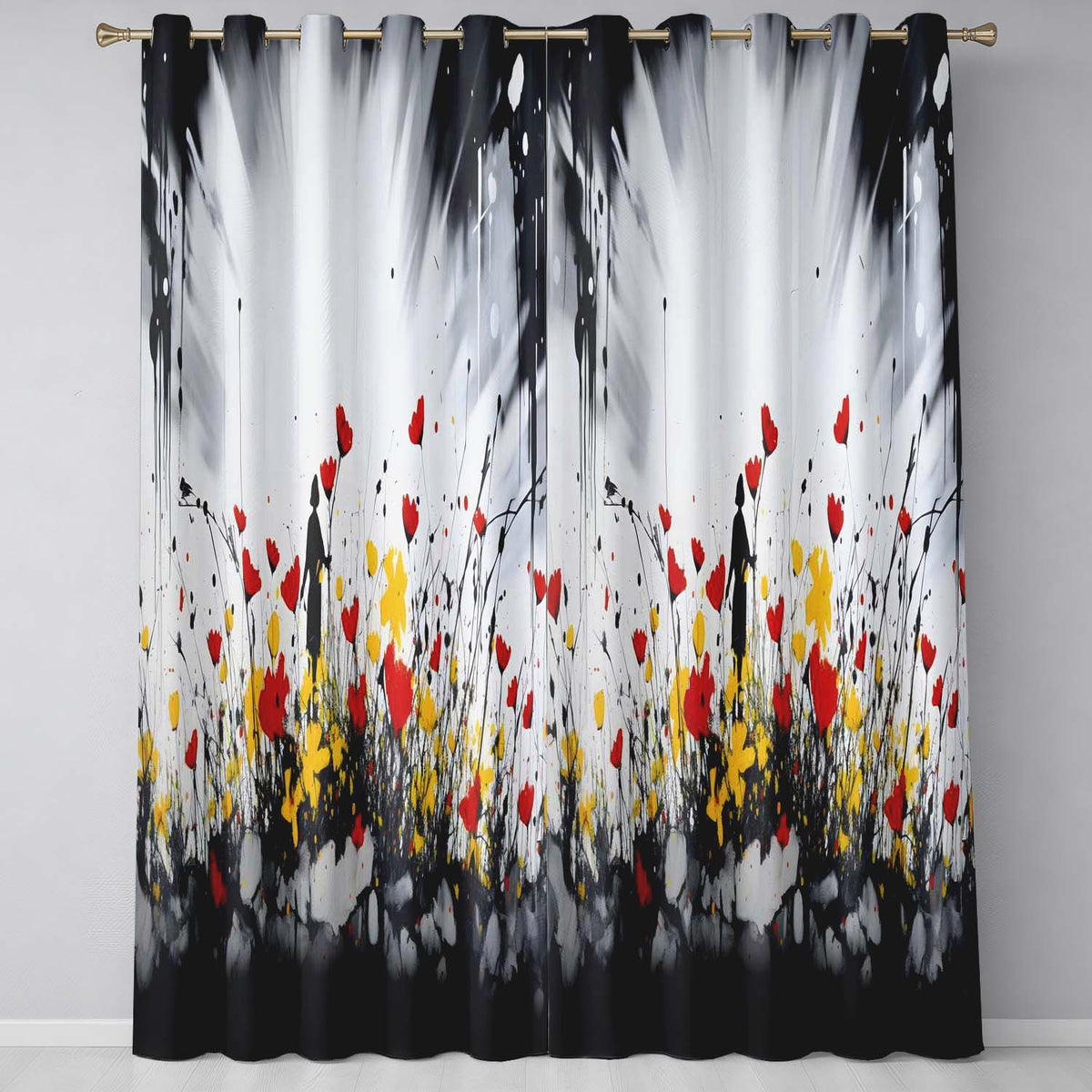 Solitary Figure in Red and Yellow Wildflower Field Decorative Artistic Home Decor Readymade Eyelet Ring Top Thermal 100% Blackout Curtains