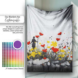 Solitary Figure in Red and Yellow Wildflower Field, All Season Comfort, Stylish Room Decoration - Super Soft Fleece Blanket Bed Sofa Throw
