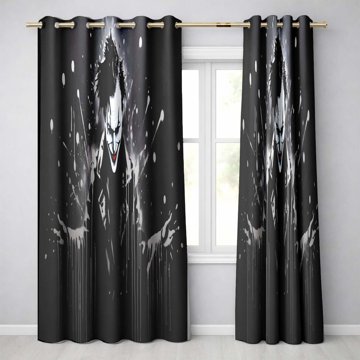 Dark Smiling Clown Monochrome Graffiti Decorative Artistic Artwork for Home Decor Readymade Eyelet Ring Top Thermal 100% Blackout Curtains
