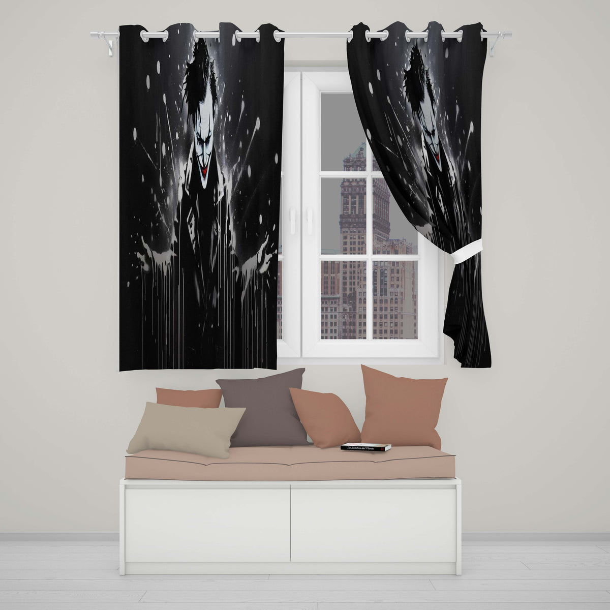 Dark Smiling Clown Monochrome Graffiti Decorative Artistic Artwork for Home Decor Readymade Eyelet Ring Top Thermal 100% Blackout Curtains