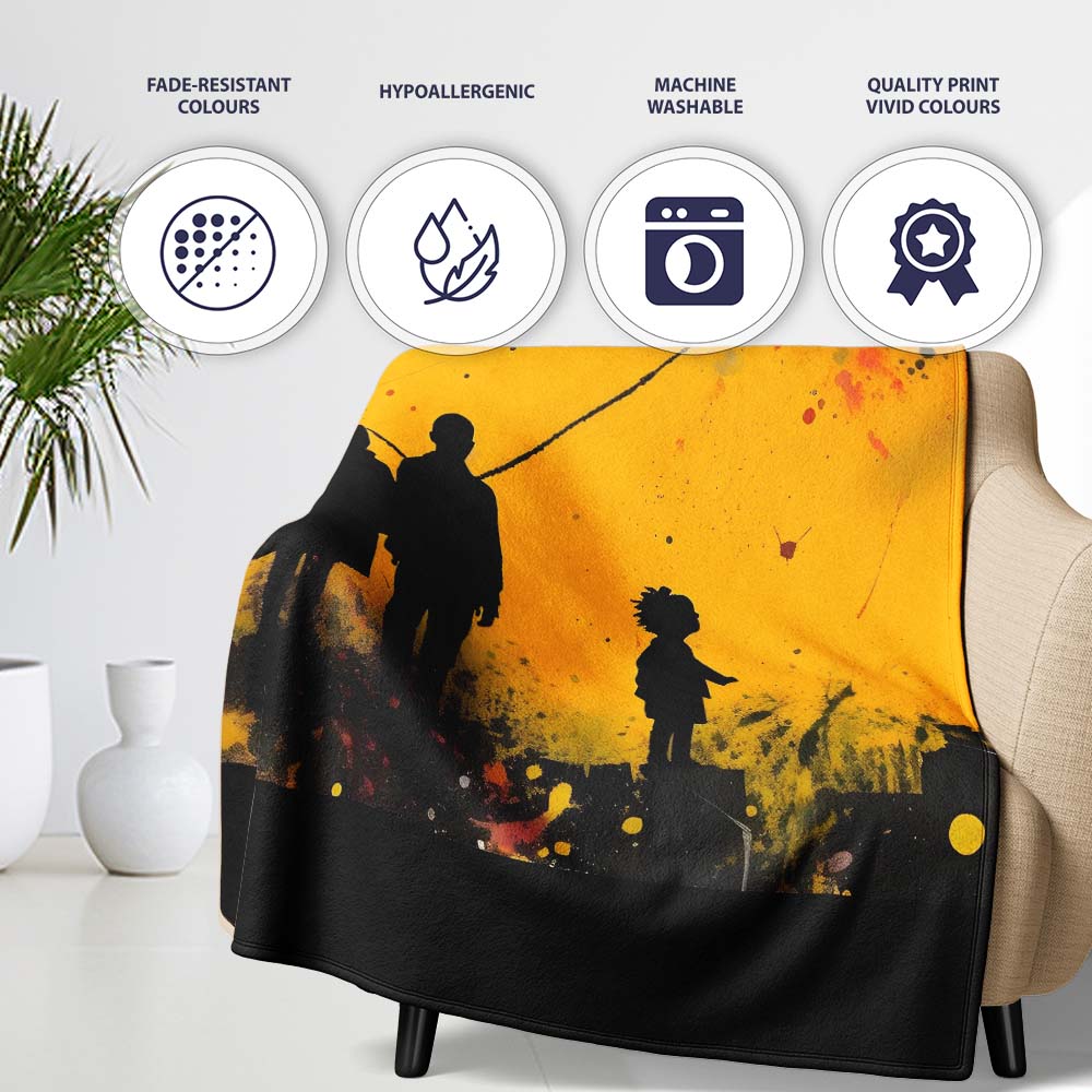 Family Silhouette Against Yellow Cityscape, Decorative Wall Art Style, Comfortable Everyday Use - Super Soft Fleece Blanket Bed Sofa Throw