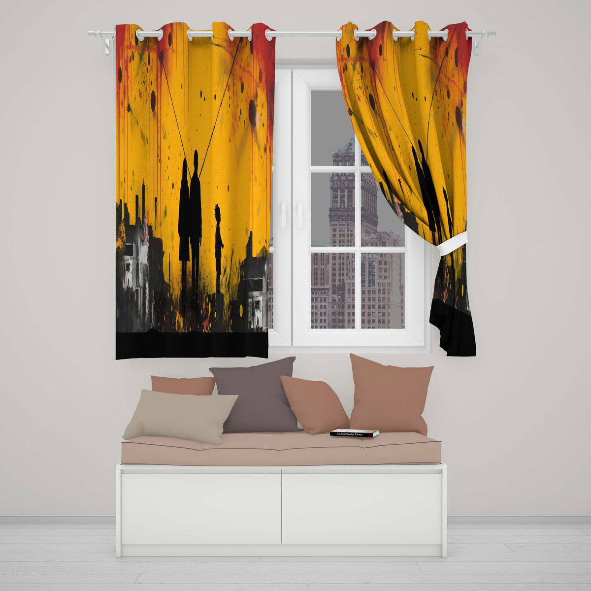 Family Silhouette Against Yellow Cityscape Striking Artwork for Living Room Decor Readymade Eyelet Ring Top Thermal 100% Blackout Curtains