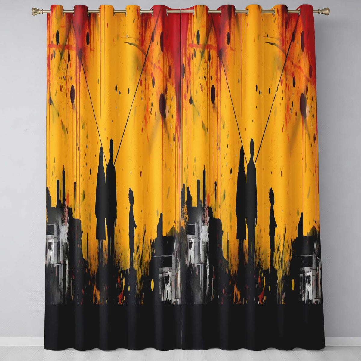 Family Silhouette Against Yellow Cityscape Striking Artwork for Living Room Decor Readymade Eyelet Ring Top Thermal 100% Blackout Curtains