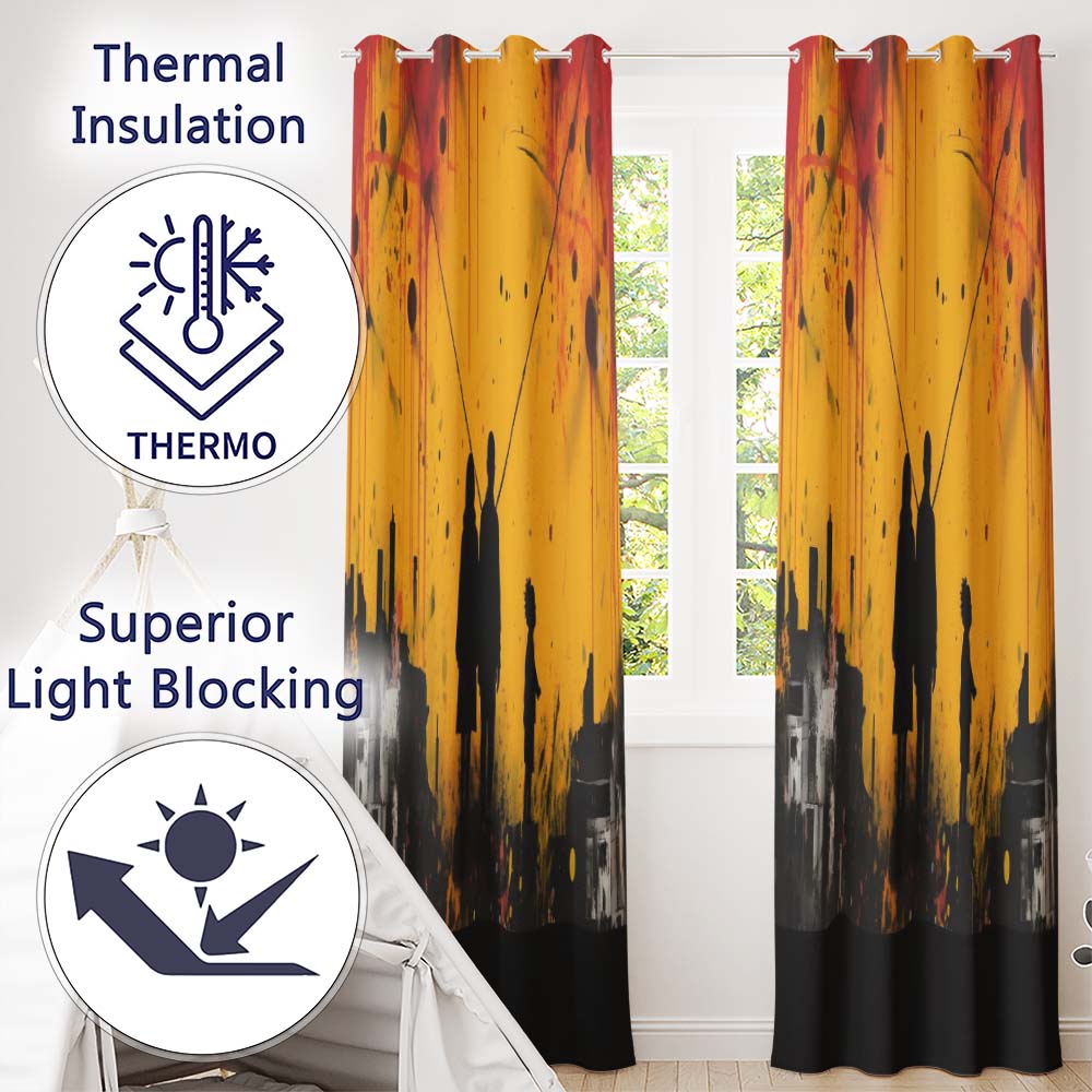 Family Silhouette Against Yellow Cityscape Striking Artwork for Living Room Decor Readymade Eyelet Ring Top Thermal 100% Blackout Curtains