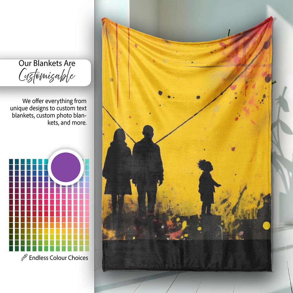 Family Silhouette Against Yellow Cityscape, Decorative Wall Art Style, Comfortable Everyday Use - Super Soft Fleece Blanket Bed Sofa Throw