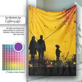 Family Silhouette Against Yellow Cityscape, Decorative Wall Art Style, Comfortable Everyday Use - Super Soft Fleece Blanket Bed Sofa Throw