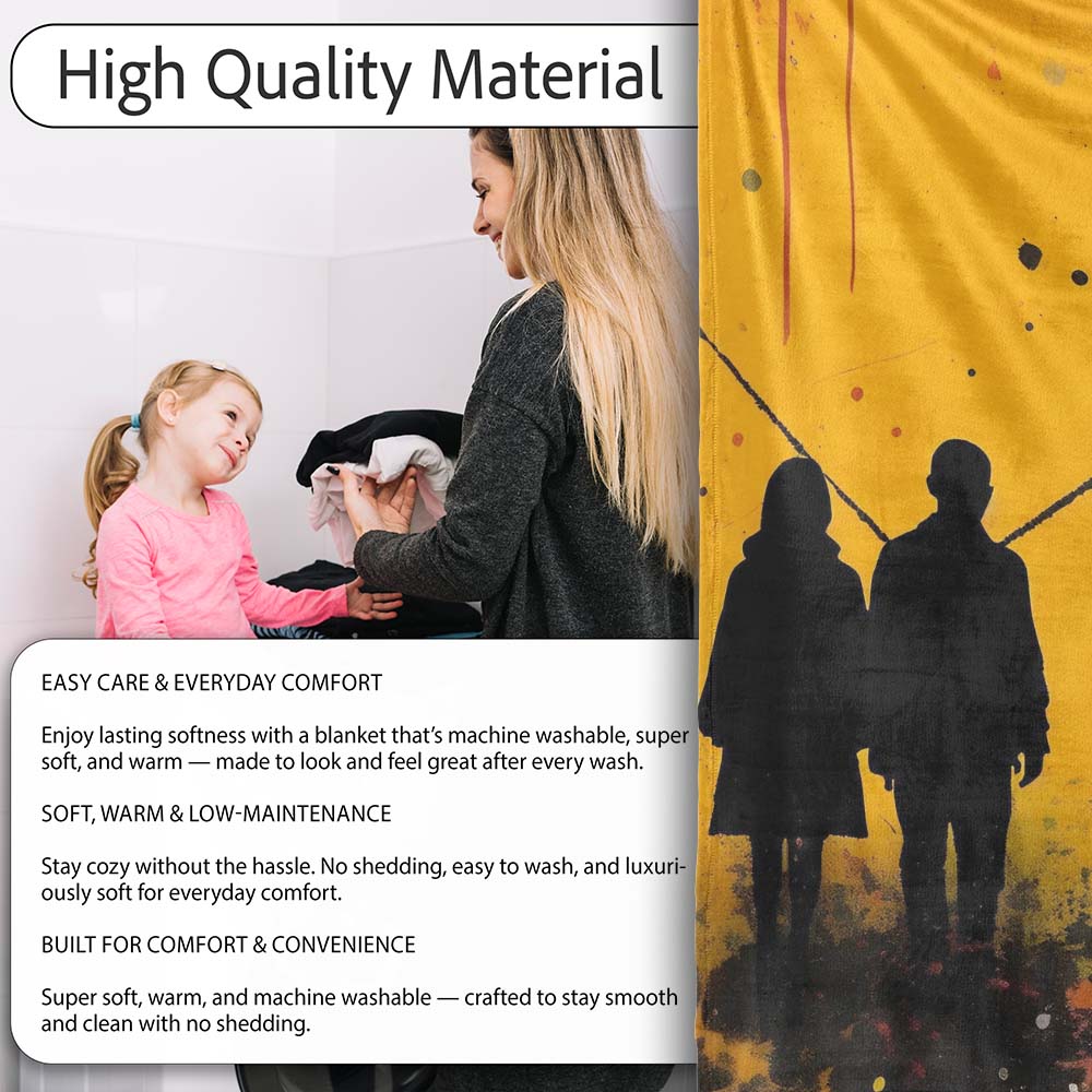 Family Silhouette Against Yellow Cityscape, Decorative Wall Art Style, Comfortable Everyday Use - Super Soft Fleece Blanket Bed Sofa Throw