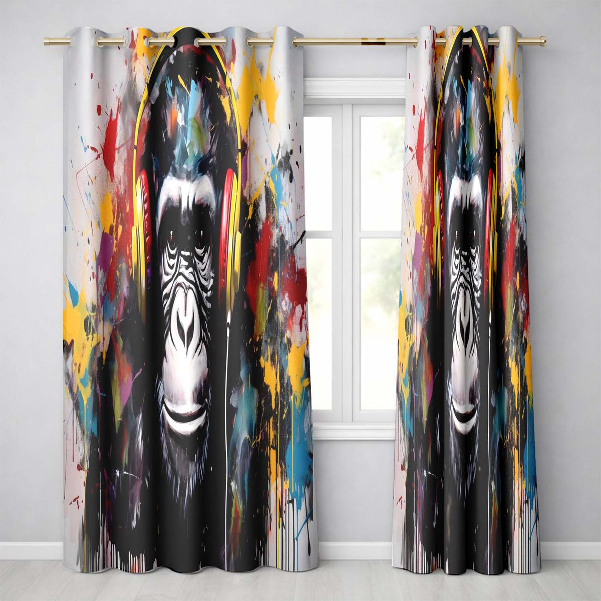 Chimpanzee with Colourful Headphones Pop Art Bold Artistic Artwork for Home Decor Readymade Eyelet Ring Top Thermal 100% Blackout Curtains