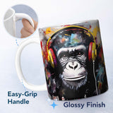 Chimpanzee with Colourful Headphones Pop Art 11oz Ceramic Coffee Tea Mug White Large Handle