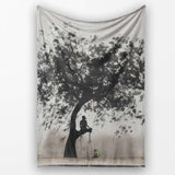 Meditating Figure Beneath Black Tree Minimalist, Bedroom Living Room Accent, All Season Comfort - Super Soft Fleece Blanket Bed Sofa Throw
