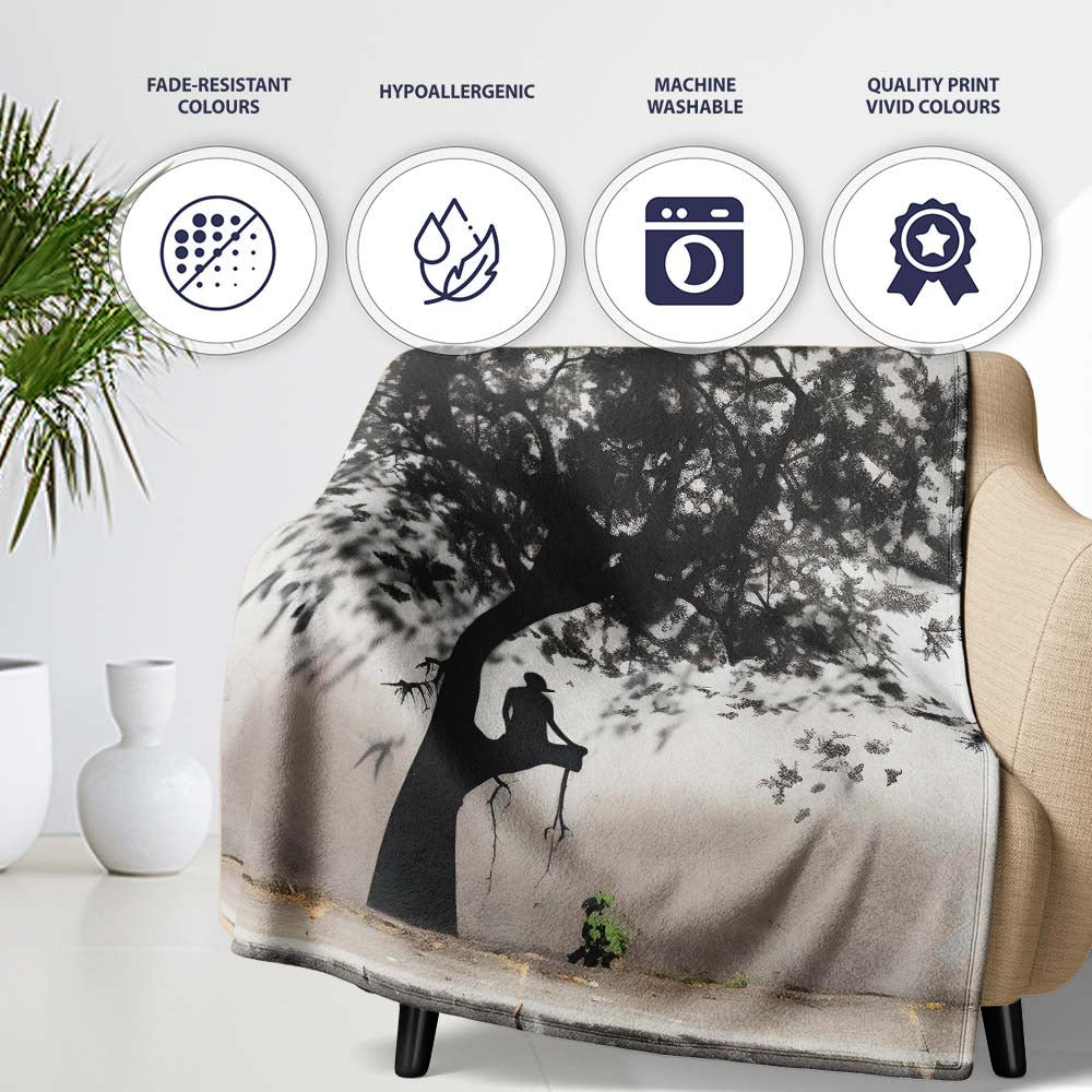 Meditating Figure Beneath Black Tree Minimalist, Bedroom Living Room Accent, All Season Comfort - Super Soft Fleece Blanket Bed Sofa Throw
