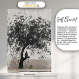 Meditating Figure Beneath Black Tree Minimalist, Bedroom Living Room Accent, All Season Comfort - Super Soft Fleece Blanket Bed Sofa Throw