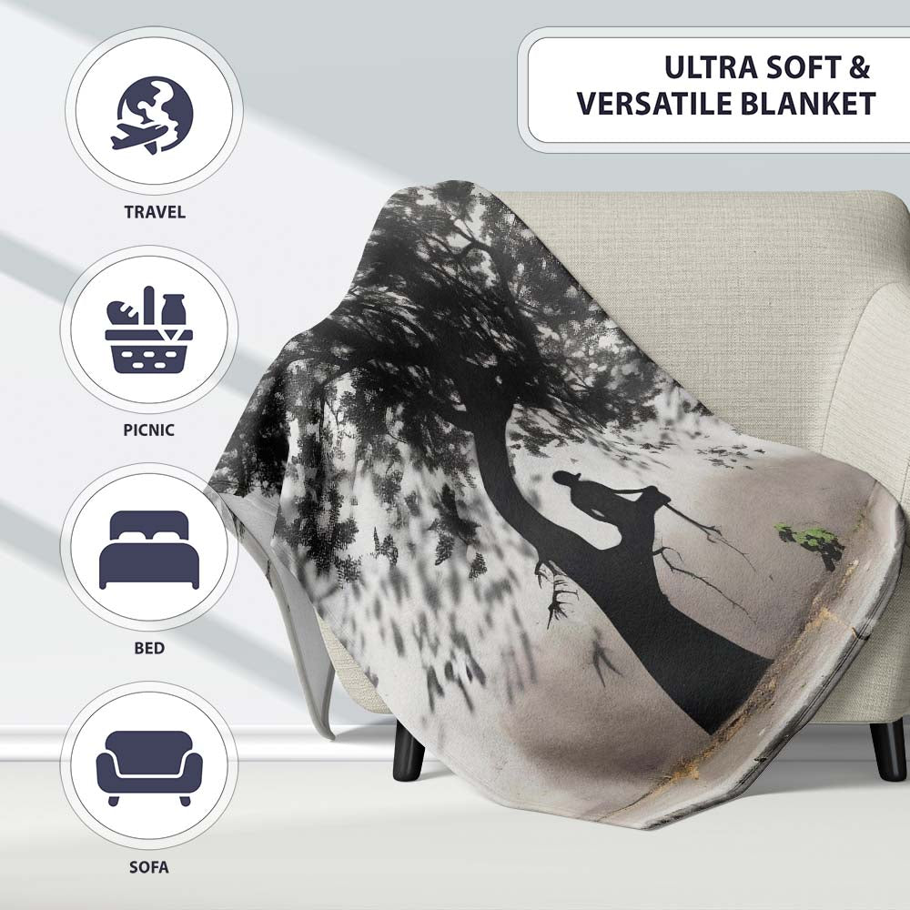 Meditating Figure Beneath Black Tree Minimalist, Bedroom Living Room Accent, All Season Comfort - Super Soft Fleece Blanket Bed Sofa Throw