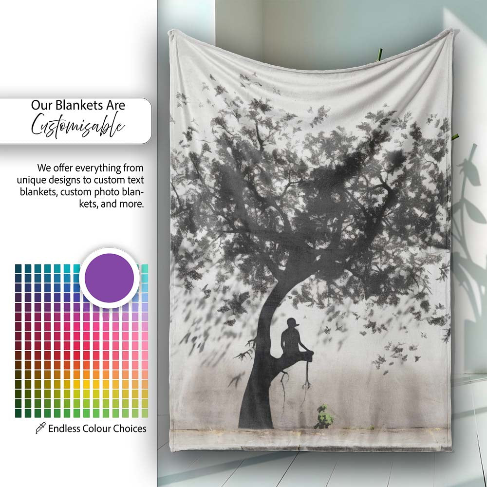 Meditating Figure Beneath Black Tree Minimalist, Bedroom Living Room Accent, All Season Comfort - Super Soft Fleece Blanket Bed Sofa Throw