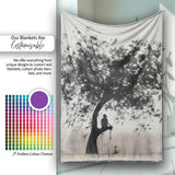Meditating Figure Beneath Black Tree Minimalist, Bedroom Living Room Accent, All Season Comfort - Super Soft Fleece Blanket Bed Sofa Throw