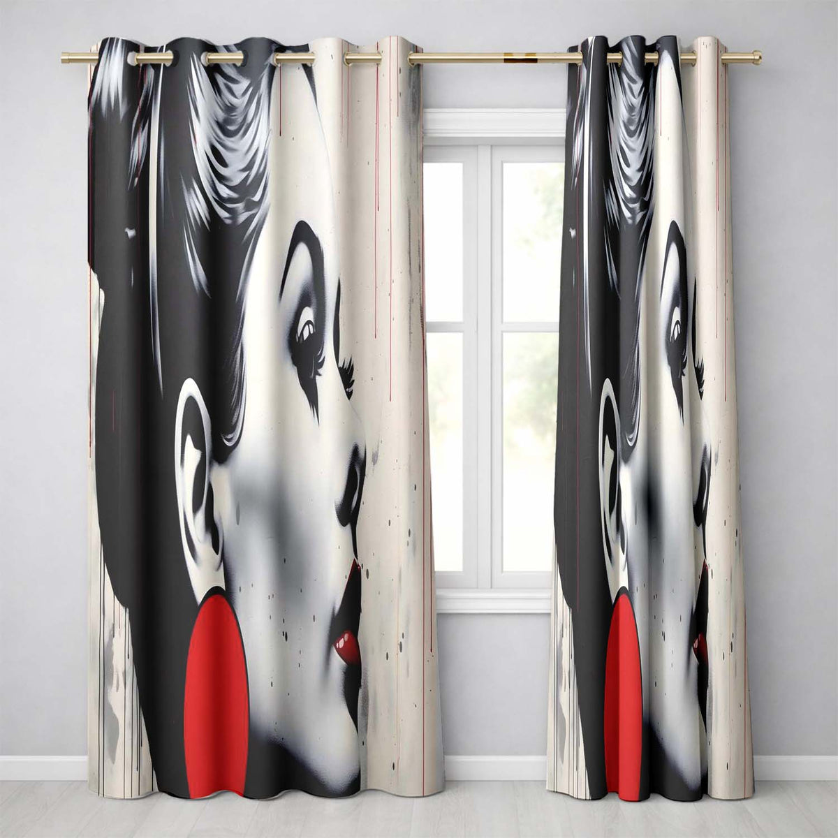 Monochrome Woman Portrait with Red Earrings Modern Vibrant Artwork for Home Decor Readymade Eyelet Ring Top Thermal 100% Blackout Curtains