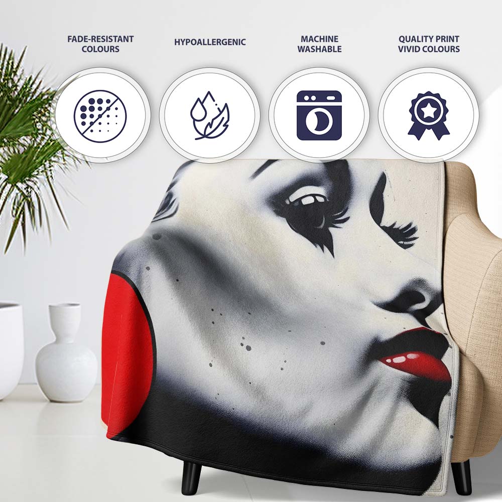 Monochrome Woman Portrait with Red Earrings, Bedroom Living Room Accent, Unique Artistic Design - Super Soft Fleece Blanket Bed Sofa Throw