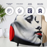 Monochrome Woman Portrait with Red Earrings, Bedroom Living Room Accent, Unique Artistic Design - Super Soft Fleece Blanket Bed Sofa Throw