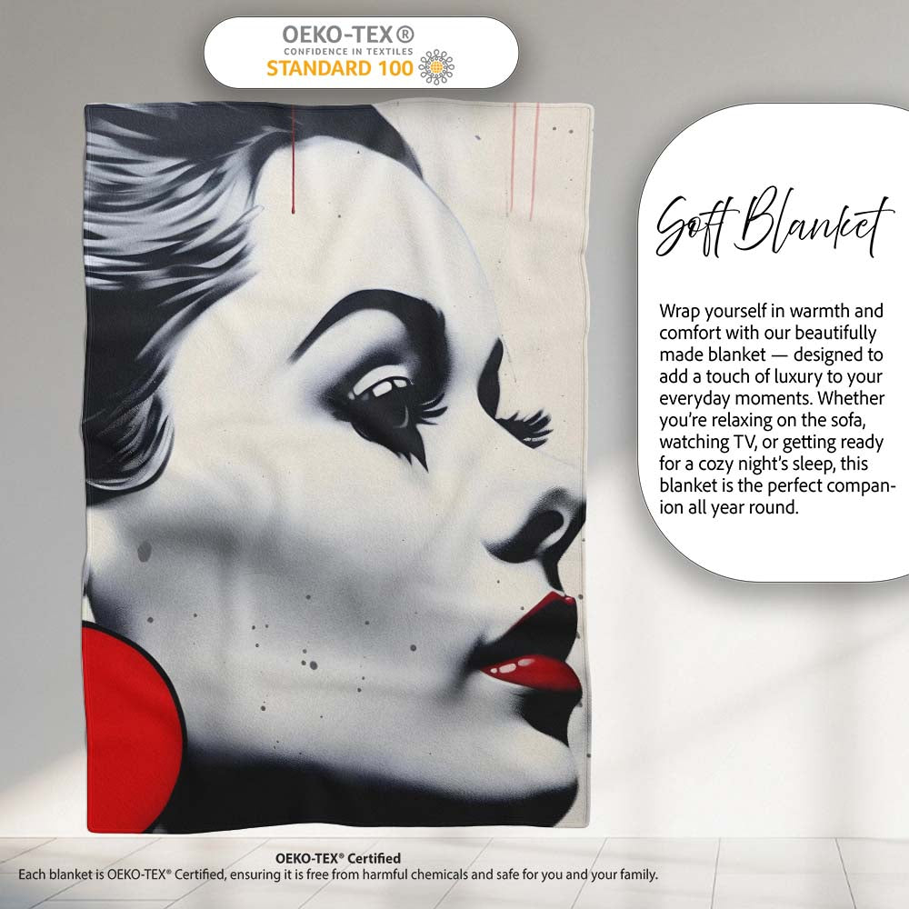 Monochrome Woman Portrait with Red Earrings, Bedroom Living Room Accent, Unique Artistic Design - Super Soft Fleece Blanket Bed Sofa Throw