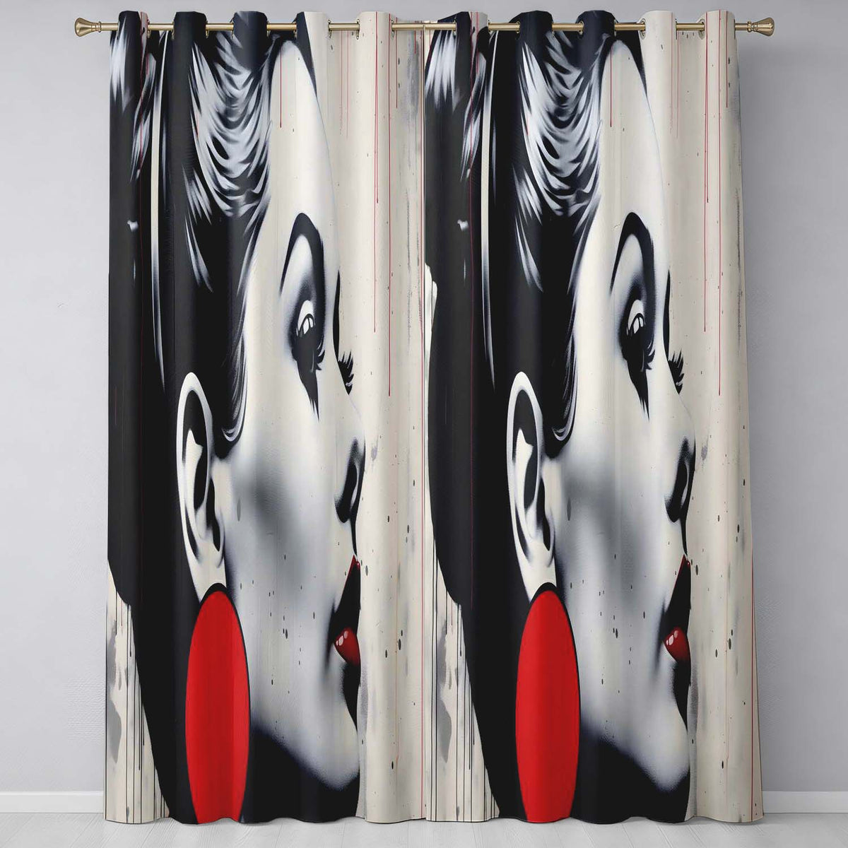 Monochrome Woman Portrait with Red Earrings Modern Vibrant Artwork for Home Decor Readymade Eyelet Ring Top Thermal 100% Blackout Curtains