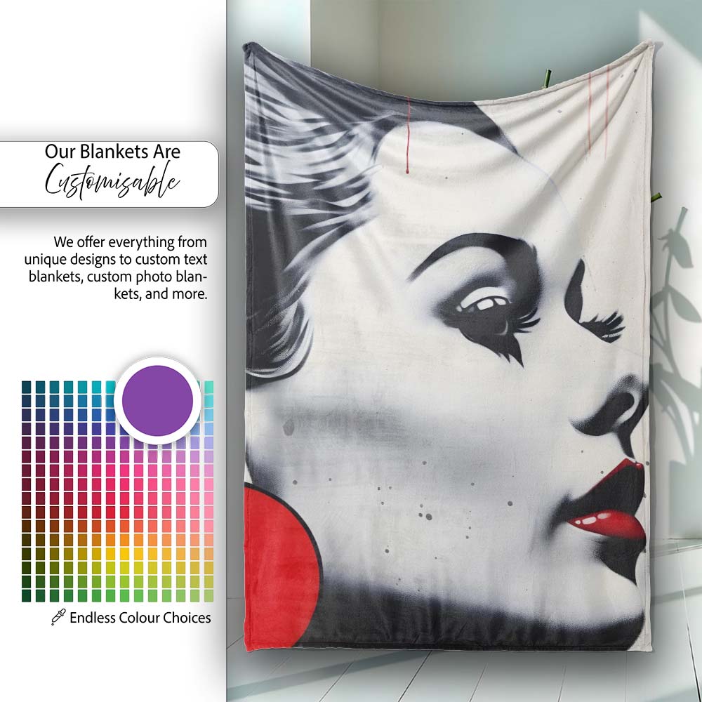 Monochrome Woman Portrait with Red Earrings, Bedroom Living Room Accent, Unique Artistic Design - Super Soft Fleece Blanket Bed Sofa Throw