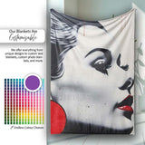 Monochrome Woman Portrait with Red Earrings, Bedroom Living Room Accent, Unique Artistic Design - Super Soft Fleece Blanket Bed Sofa Throw