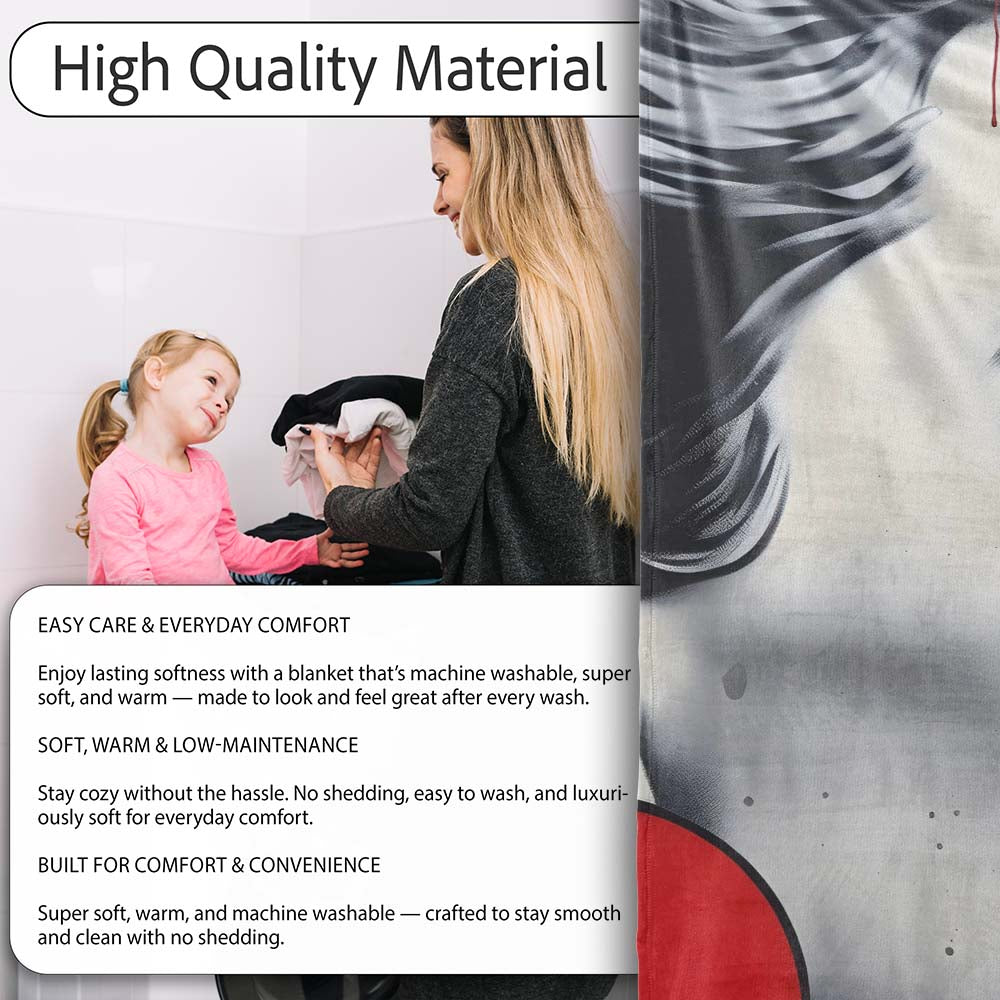 Monochrome Woman Portrait with Red Earrings, Bedroom Living Room Accent, Unique Artistic Design - Super Soft Fleece Blanket Bed Sofa Throw