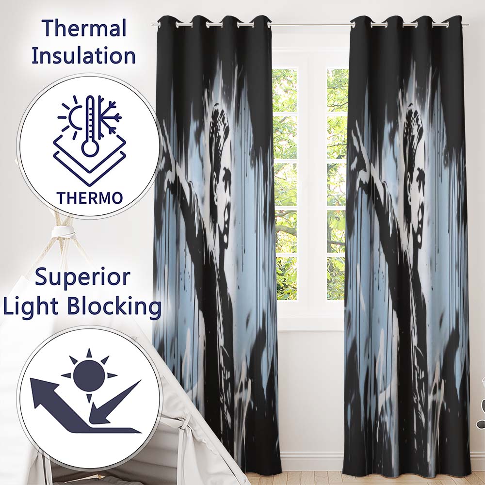 Female Activist Black and Blue Graffiti Unique Distinctive Artwork for Home Decor Readymade Eyelet Ring Top Thermal 100% Blackout Curtains