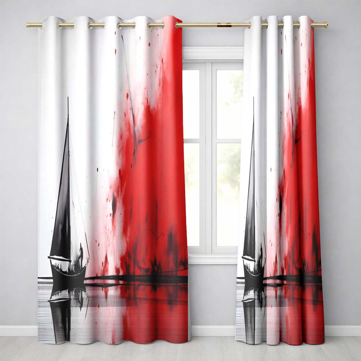 Black Sailing Boat with Red Abstract Splash Unique Elegant Artwork for Home Decor Readymade Eyelet Ring Top Thermal 100% Blackout Curtains