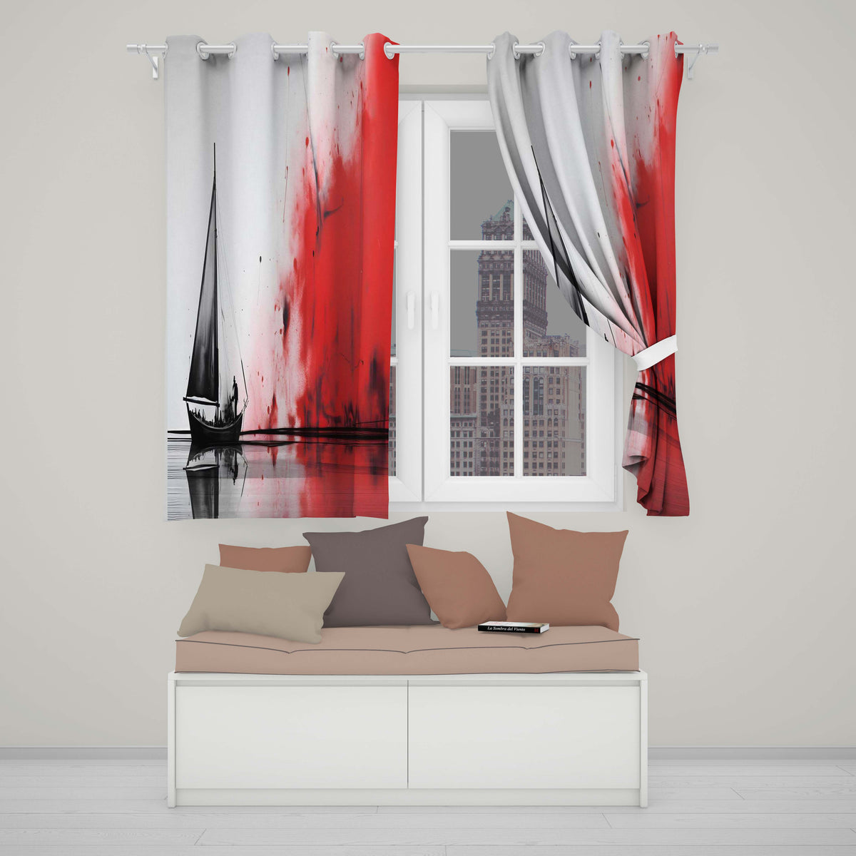 Black Sailing Boat with Red Abstract Splash Unique Elegant Artwork for Home Decor Readymade Eyelet Ring Top Thermal 100% Blackout Curtains