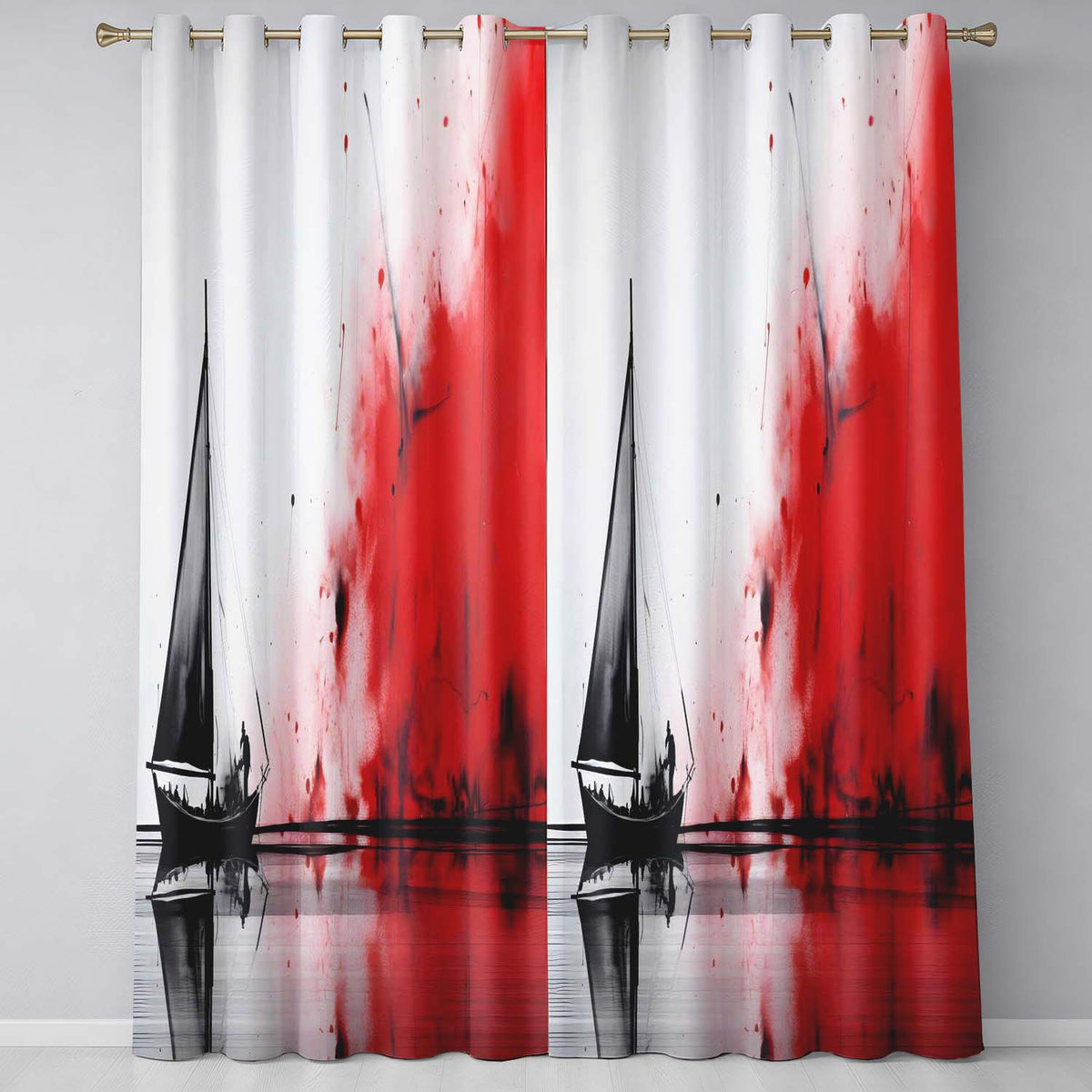 Black Sailing Boat with Red Abstract Splash Unique Elegant Artwork for Home Decor Readymade Eyelet Ring Top Thermal 100% Blackout Curtains