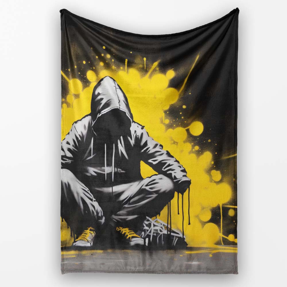 Hooded Figure with Yellow Paint Splash, Decorative Wall Art Style, Thoughtful Housewarming Gift - Super Soft Fleece Blanket Bed Sofa Throw