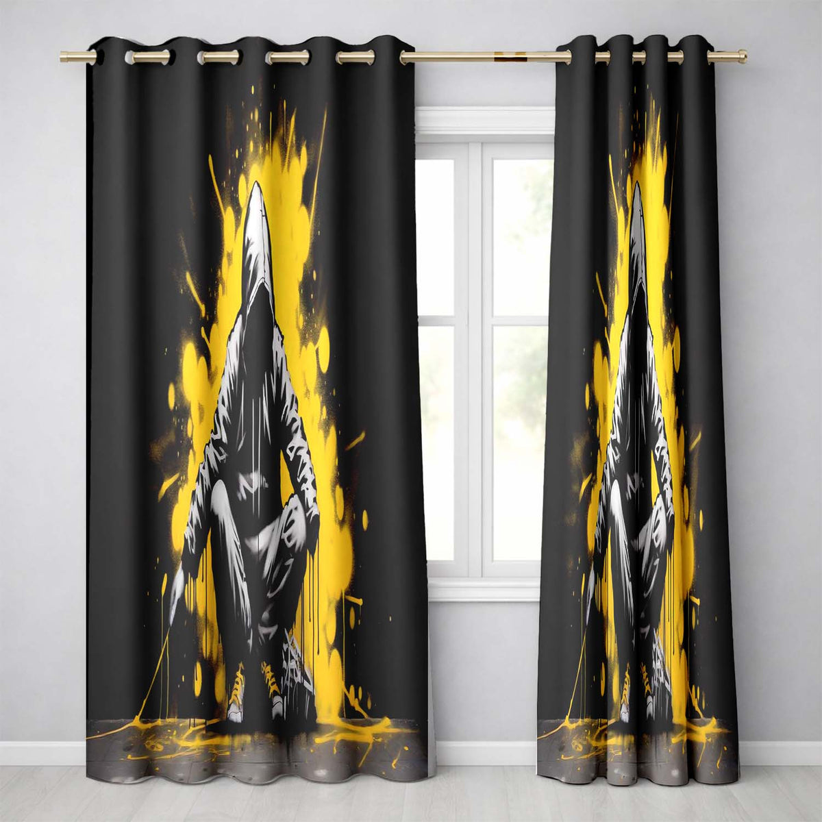 Hooded Figure with Yellow Paint Splash Artistic Artwork for Modern Interior Decor Readymade Eyelet Ring Top Thermal 100% Blackout Curtains