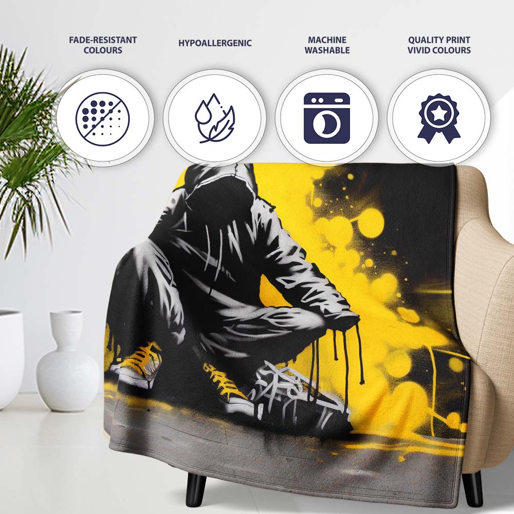 Hooded Figure with Yellow Paint Splash, Decorative Wall Art Style, Thoughtful Housewarming Gift - Super Soft Fleece Blanket Bed Sofa Throw