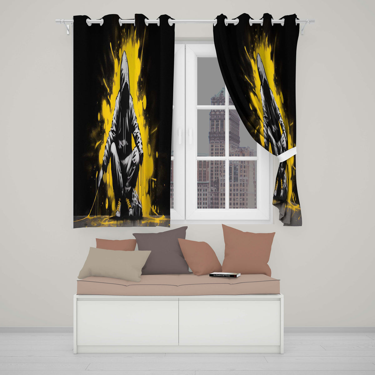 Hooded Figure with Yellow Paint Splash Artistic Artwork for Modern Interior Decor Readymade Eyelet Ring Top Thermal 100% Blackout Curtains