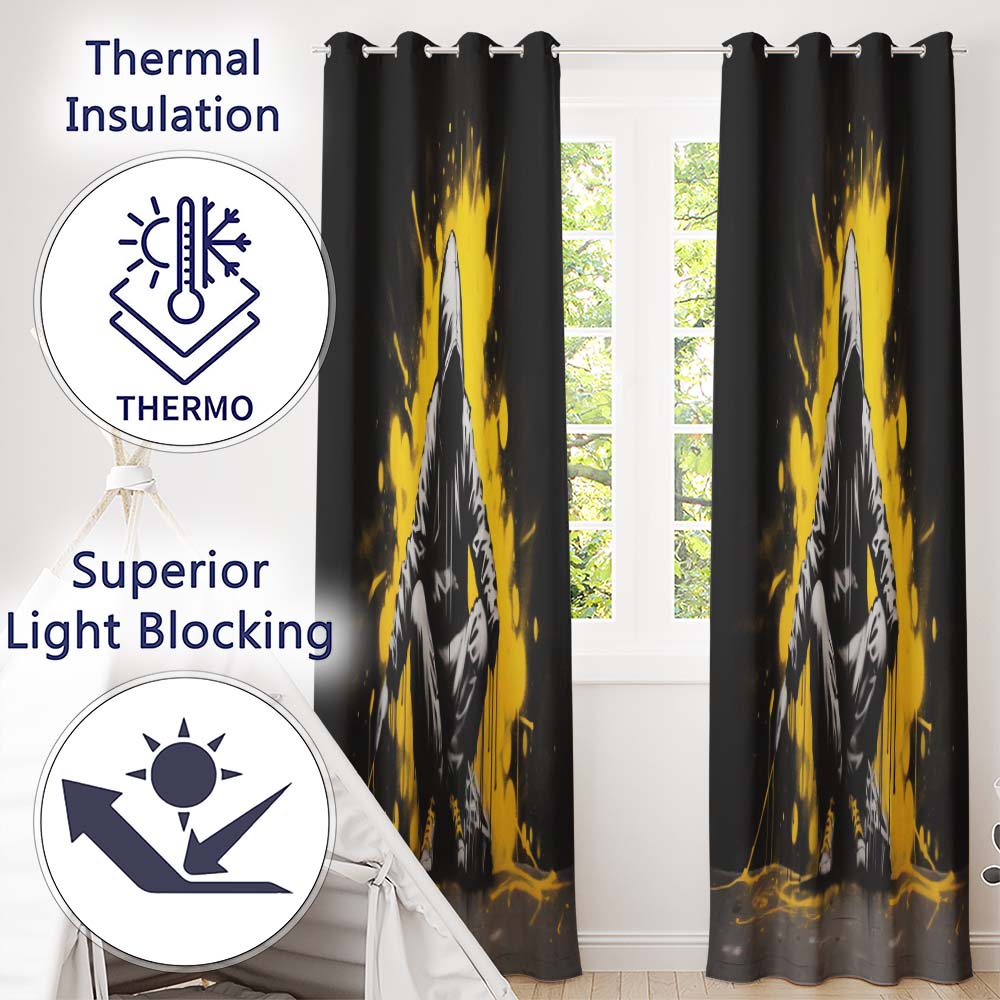 Hooded Figure with Yellow Paint Splash Artistic Artwork for Modern Interior Decor Readymade Eyelet Ring Top Thermal 100% Blackout Curtains