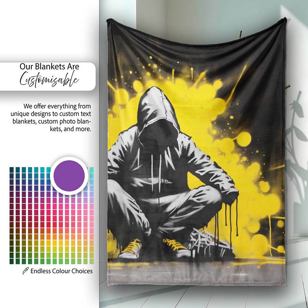 Hooded Figure with Yellow Paint Splash, Decorative Wall Art Style, Thoughtful Housewarming Gift - Super Soft Fleece Blanket Bed Sofa Throw