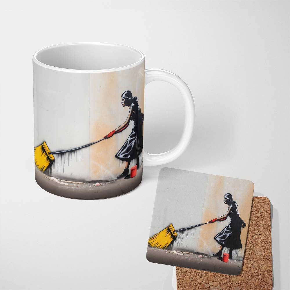 Woman Sweeping with Oversized Yellow Broom 11oz Ceramic Coffee Tea Mug White Large Handle