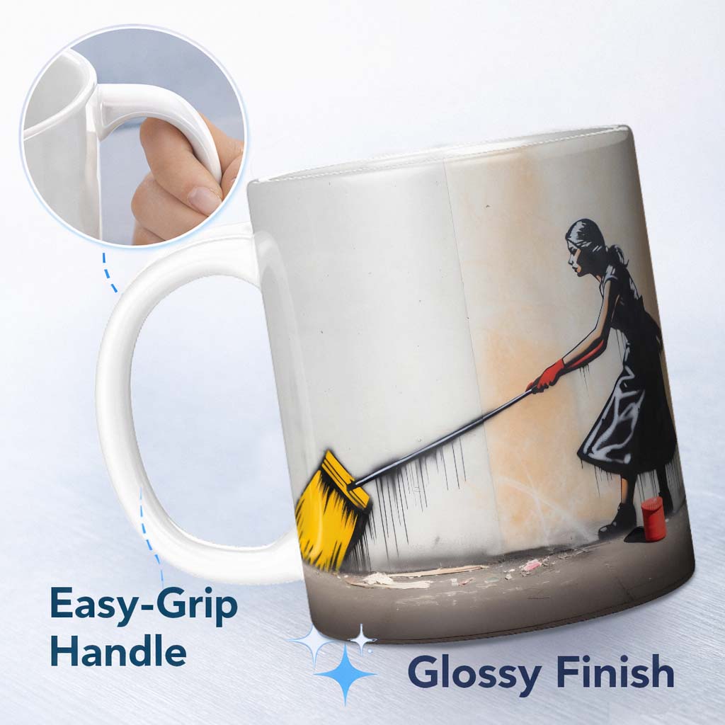 Woman Sweeping with Oversized Yellow Broom 11oz Ceramic Coffee Tea Mug White Large Handle