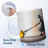 Woman Sweeping with Oversized Yellow Broom 11oz Ceramic Coffee Tea Mug White Large Handle
