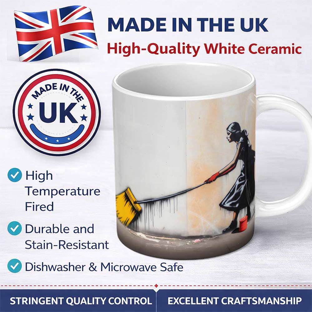 Woman Sweeping with Oversized Yellow Broom 11oz Ceramic Coffee Tea Mug White Large Handle