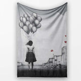 Girl Holding Silver Balloons in Ruined City, Bedroom Living Room Accent, Unique Artistic Design - Super Soft Fleece Blanket Bed Sofa Throw