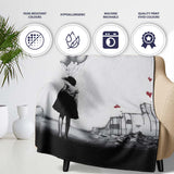Girl Holding Silver Balloons in Ruined City, Bedroom Living Room Accent, Unique Artistic Design - Super Soft Fleece Blanket Bed Sofa Throw