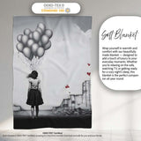 Girl Holding Silver Balloons in Ruined City, Bedroom Living Room Accent, Unique Artistic Design - Super Soft Fleece Blanket Bed Sofa Throw