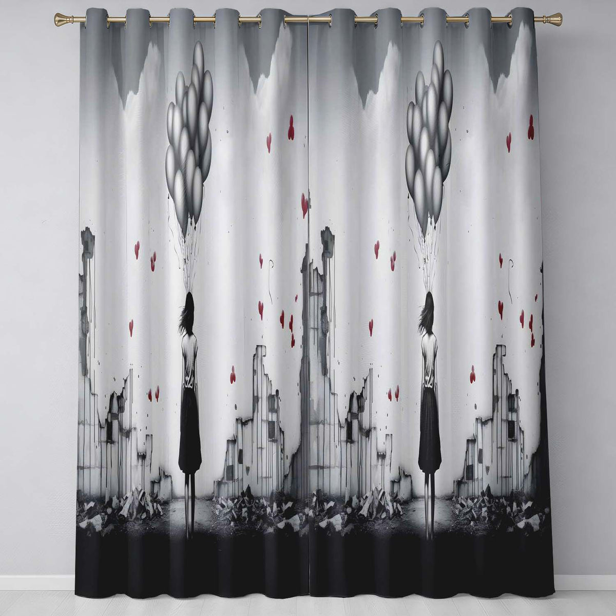 Girl Holding Silver Balloons in Ruined City Vibrant Unique Artwork for Home Decor Readymade Eyelet Ring Top Thermal 100% Blackout Curtains